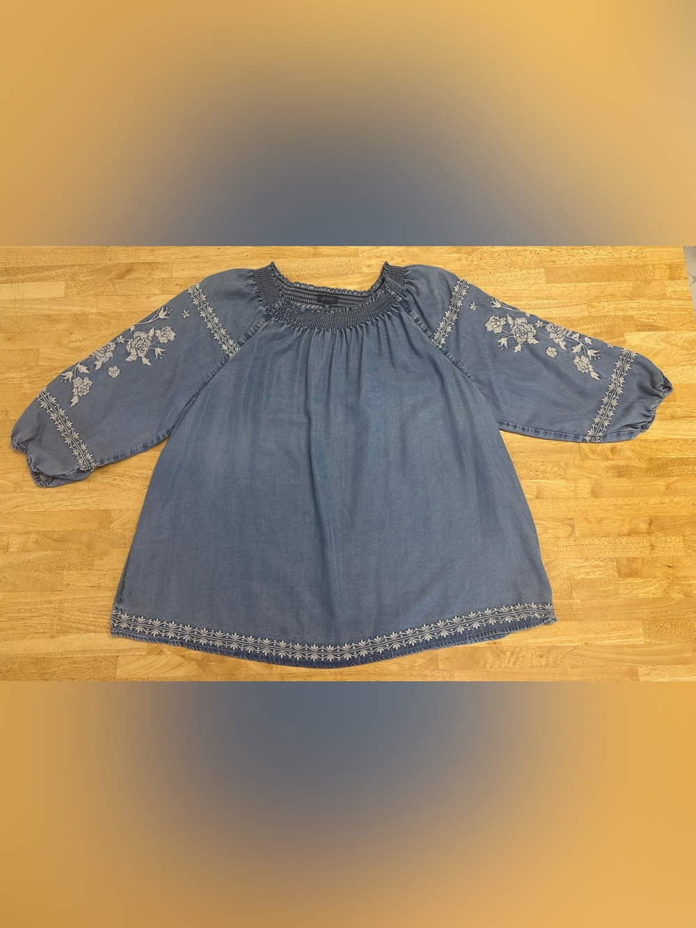 J Jill Denim Blue Embroidered Peasant Blouse Tunic Top Plus Size 2X Boho Smocked